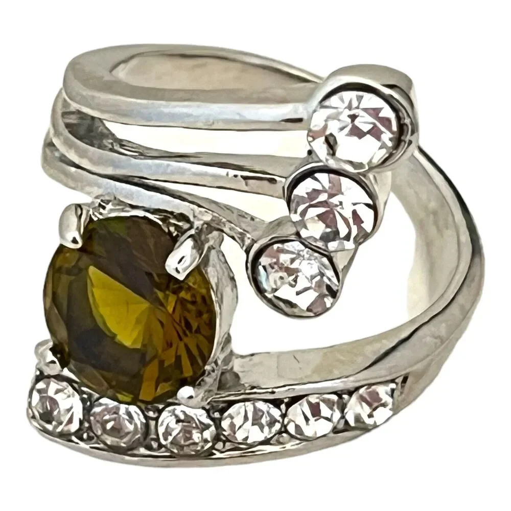 Vintage 1980s Peridot Color Rhinestone Spray Ring Silver Tone Size 8.75 - 5J